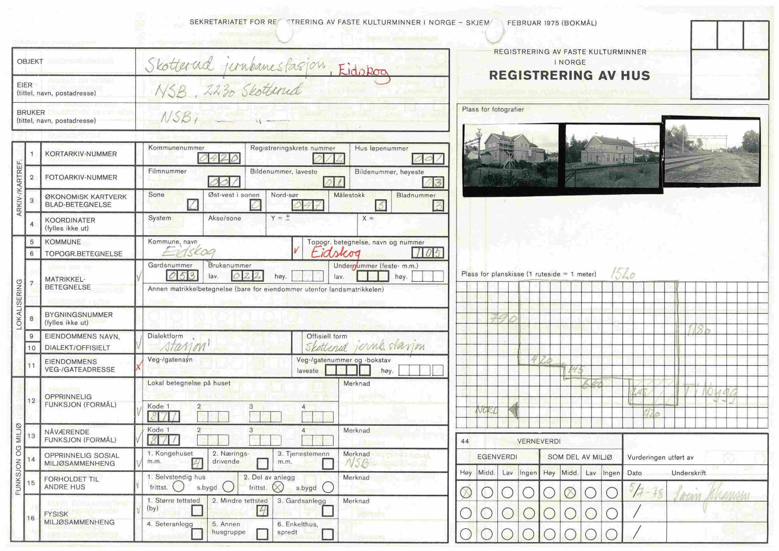 Registreringskjemaet for stasjonsbygningen fra 1978.