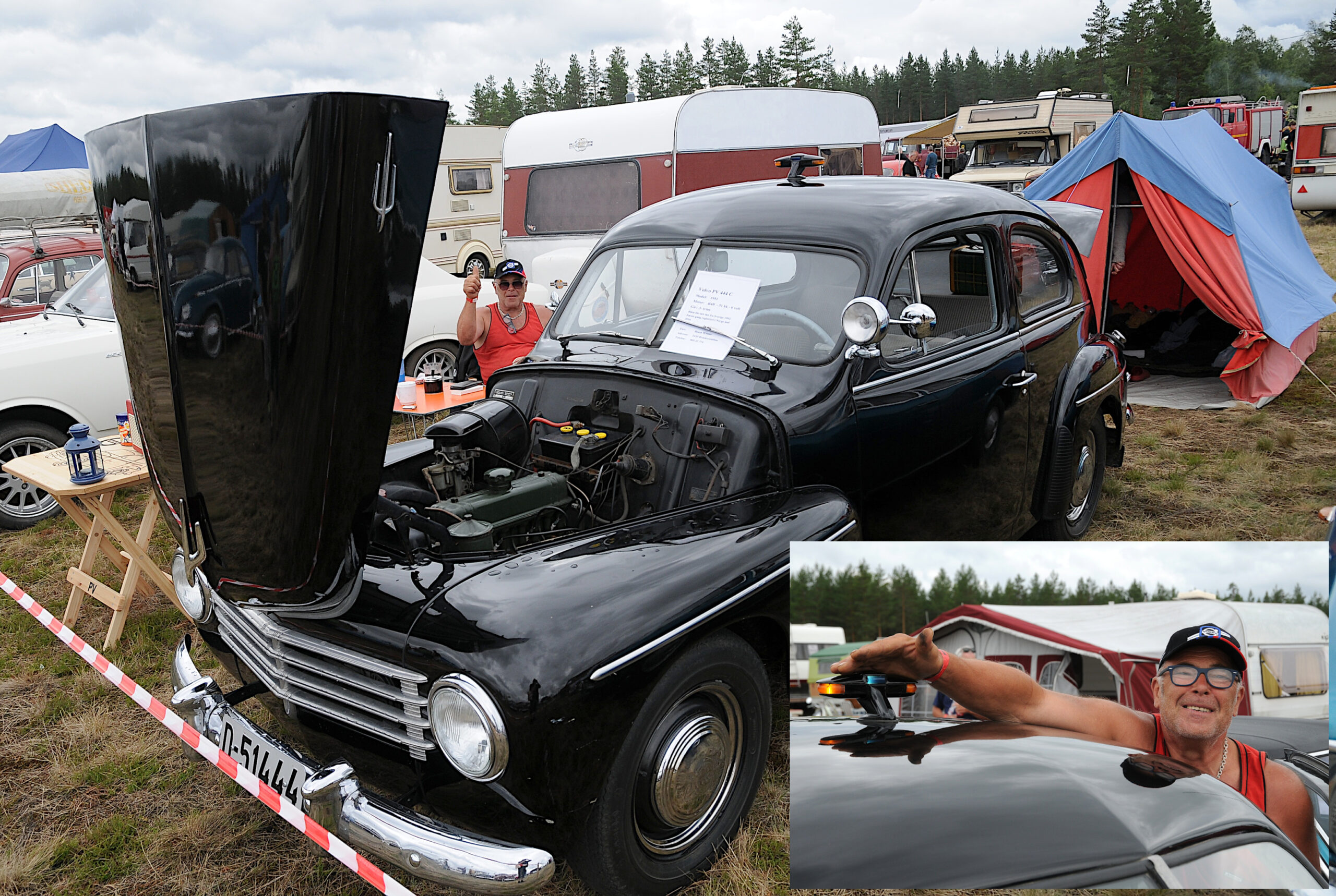 Volvo P444 1951 modell, motor B4B, 51 hk, 3 trinns gearkasse og 6 volts anlegg. Denne bilen ble tatt inn til Norge i 1992 og registrert første gang i Norge i 2016. Da viste det seg at det var to andre biler med samme chassisnummer i Norge. Den gang satt chassisnummeret på ei plate som var skrudd fast – flytt skilter og bytt chassisnummer så har du lurt biltilsynet. Det endte med at de to andre bilene ble avskiltet. Mannen som eier heter Bjørn Wester, er fra Braskereidfoss og han trekker spesielt fram takgjøken. Det var de eneste blinklysene foran på bilen og de hadde et blått lys i midten. Det blå lyset skulle hjelpe bilistene som kom i mot å skille, så en forsto hvor bilen skulle svinge. Dessverre var de ikke så mange som forsto, det ble mange ulykker og 1951-modellen var den eneste som hadde denne løsningen. Bilen er ofte på veterantreff om sommeren.