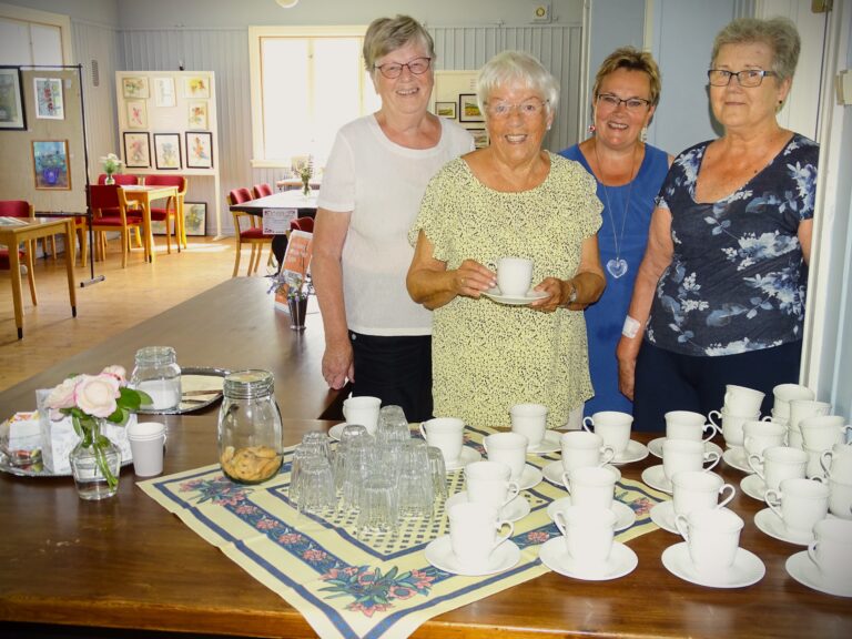 Bygdekvinner Kari Dahl (f.v.), Gerd-Johanne Kjærstad, diakon Mona Teresa Vandrer og Marit Linnerud i kaffe- og vaffelserveringen til Åpen Kjerkeplass på Matrand. Tilbudet varer ut juli.