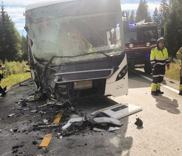 Vitner forteller at personbilen er kommet over i motgående kjørefelt og traff bussen i fronten.
