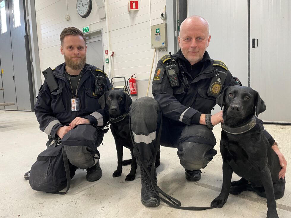 Hundeførerne Thomas Amundsen (t.v.) og Jan Evert Almqvist sammen med tollhundene Ingemar (2) (t.v.) og Cita (4).