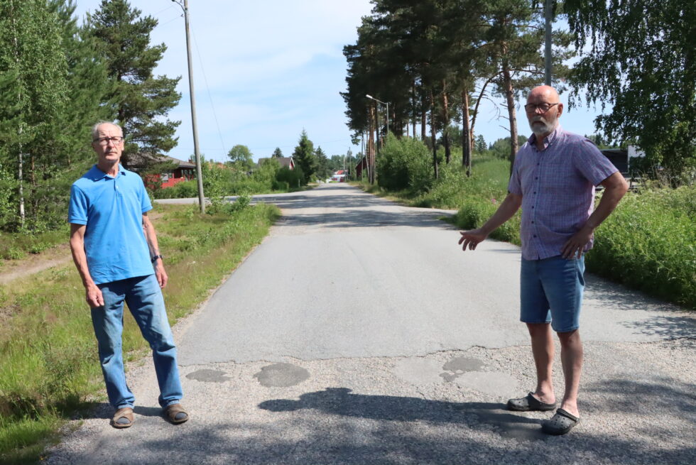 Naboene Bjørn Digernes og Kai Fagerli i Mosevegen ser oppgitt på denne fartshumpen. Den er ikke mye til hjelp, synes de.