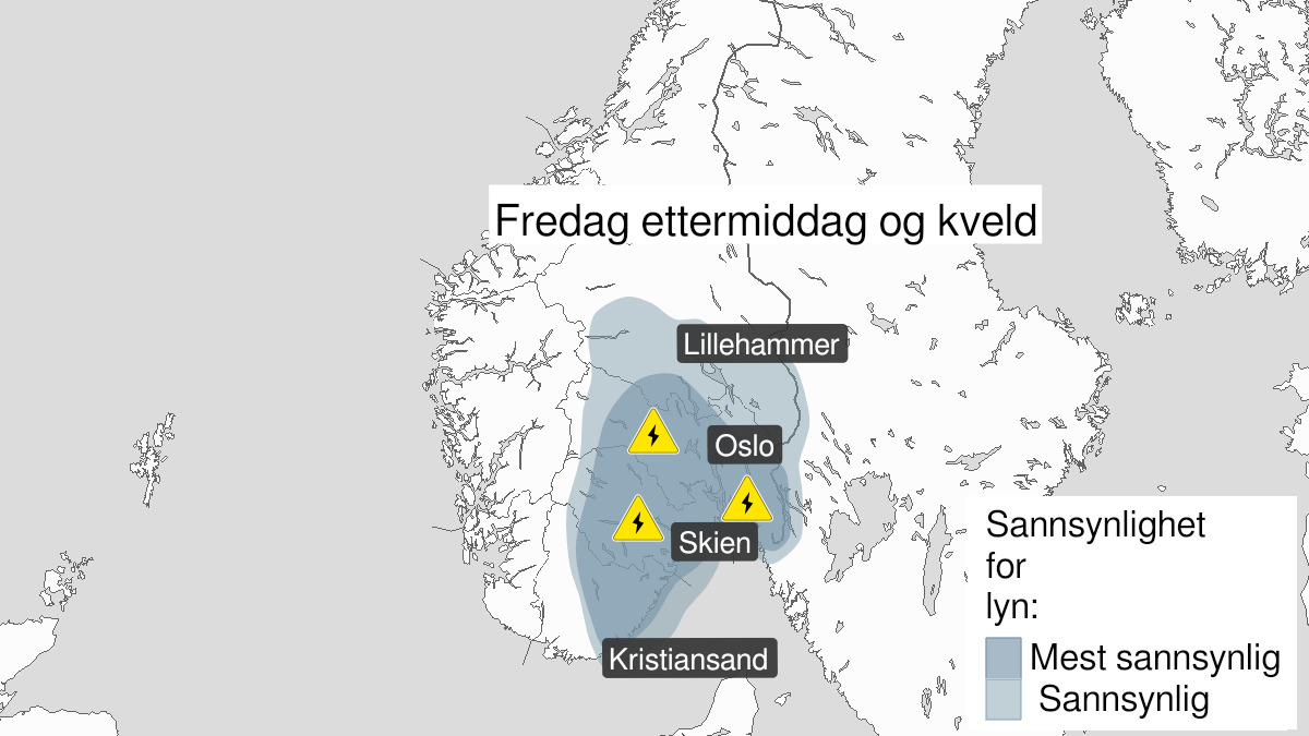 Kart over varsling av lyn fredag.