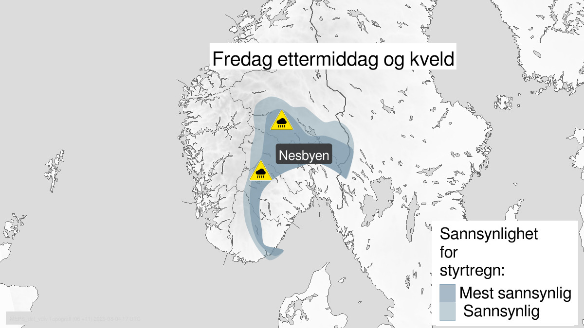 Varsling om styrtregn på gult nivå.