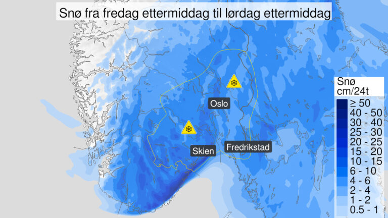 Det er varslet om potensielt mye snø fra fredag ettermiddag til lørdag ettermiddag.