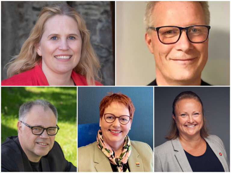 Kamilla Thue (øverst fra venstre), Harald Johansen, Knut Hvithammer, Elin Såheim Bjørkli og Anette Elseth mener en oppgradering av Kongsvingerbanen er viktig for norsk beredskal.