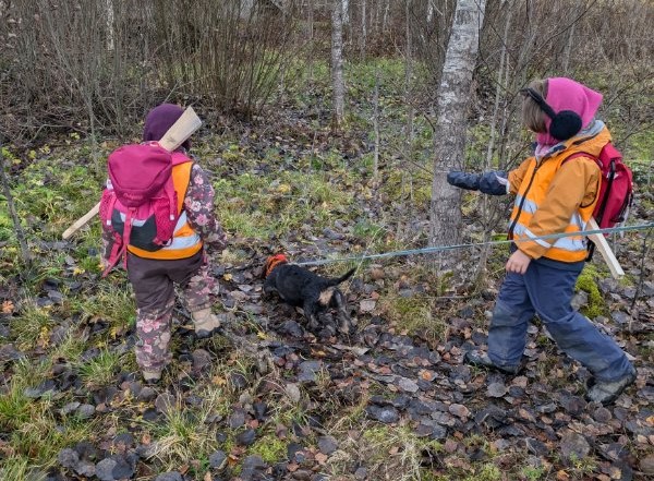 Med børse, ikledd oransje slik man skal være kledd på jakt og med mye godt i sekken dro førskolebarna i Eidskog Naturbarnehage ut på jakt.