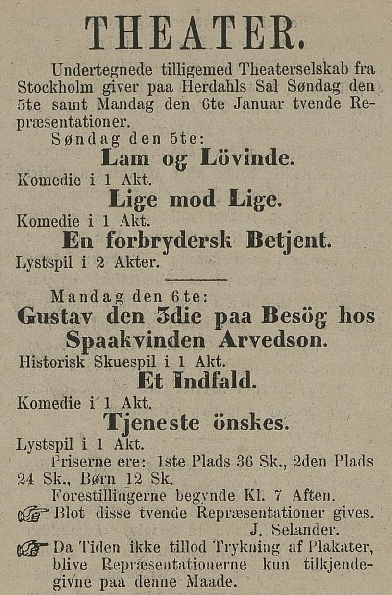 Annonse fra Hedemarkens amtstidende 4. januar 1873 for et svensk teaterselskap i Herdahls Sal.