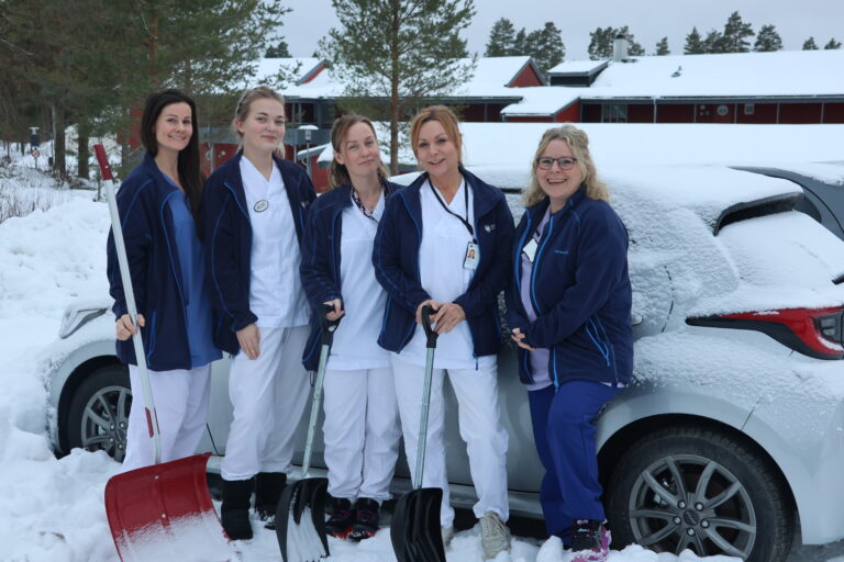 Dette er noen av de omtrent 40 ansatte i hjemmebaserte tjenester i Eidskog som er på veiene rundt om i kommunen uansett føreforhold. F.v. Tone Løvås Tørmoen, Alise Langbrumoen, Sara Moen, Ann-Kristin Nilsson og Linda Ilagsmoen.