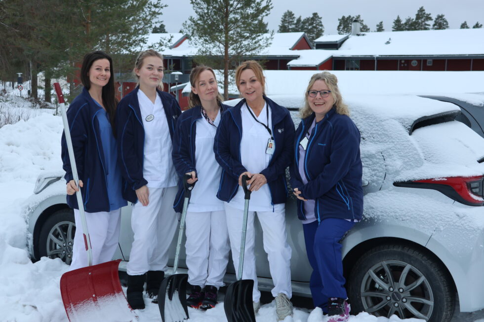 Dette er noen av de omtrent 40 ansatte i hjemmebaserte tjenester i Eidskog som er på veiene rundt om i kommunen uansett føreforhold. F.v. Tone Løvås Tørmoen, Alise Langbrumoen, Sara Moen, Ann-Kristin Nilsson og Linda Ilagsmoen.