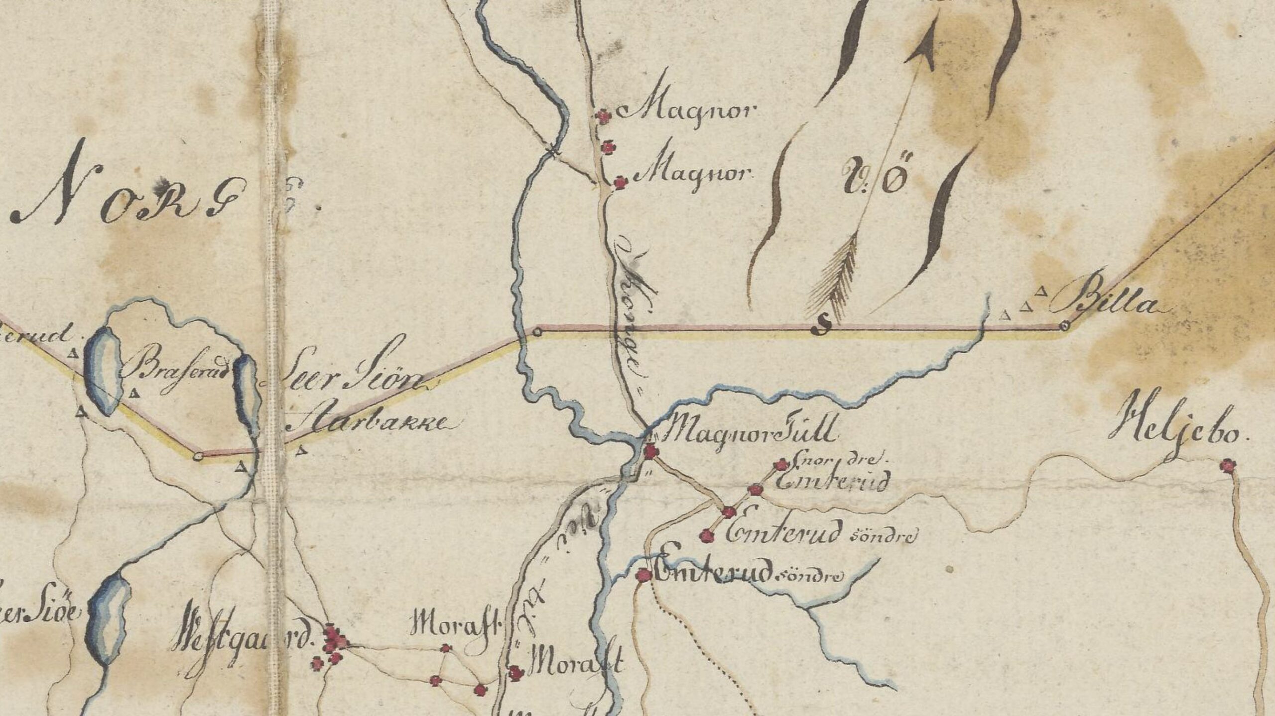Dette kartet fra 1800 viser hvordan grenseendringen på 1750-tallet delte Magnor på norsk og svensk side. Kart: Nasjonalbiblioteket.