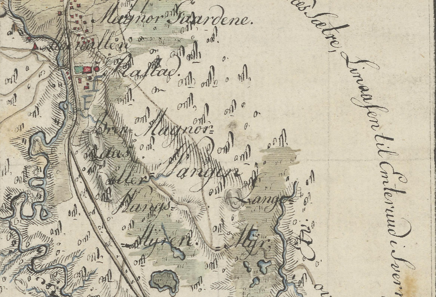 Magnor-gårdene lå langs den gamle kongeveien, på østsiden av Vrangselva. Magnor Rasta var den siste gården før grensen. Kart: Nasjonalbiblioteket.