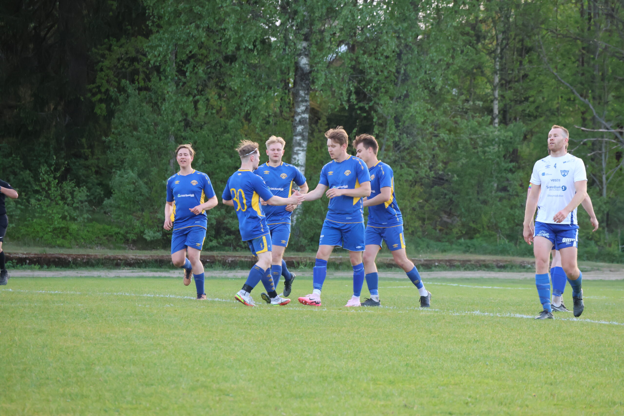 Brandval-spillerne jubler over Lars Andreas Ekdahls andre mål for dagen.