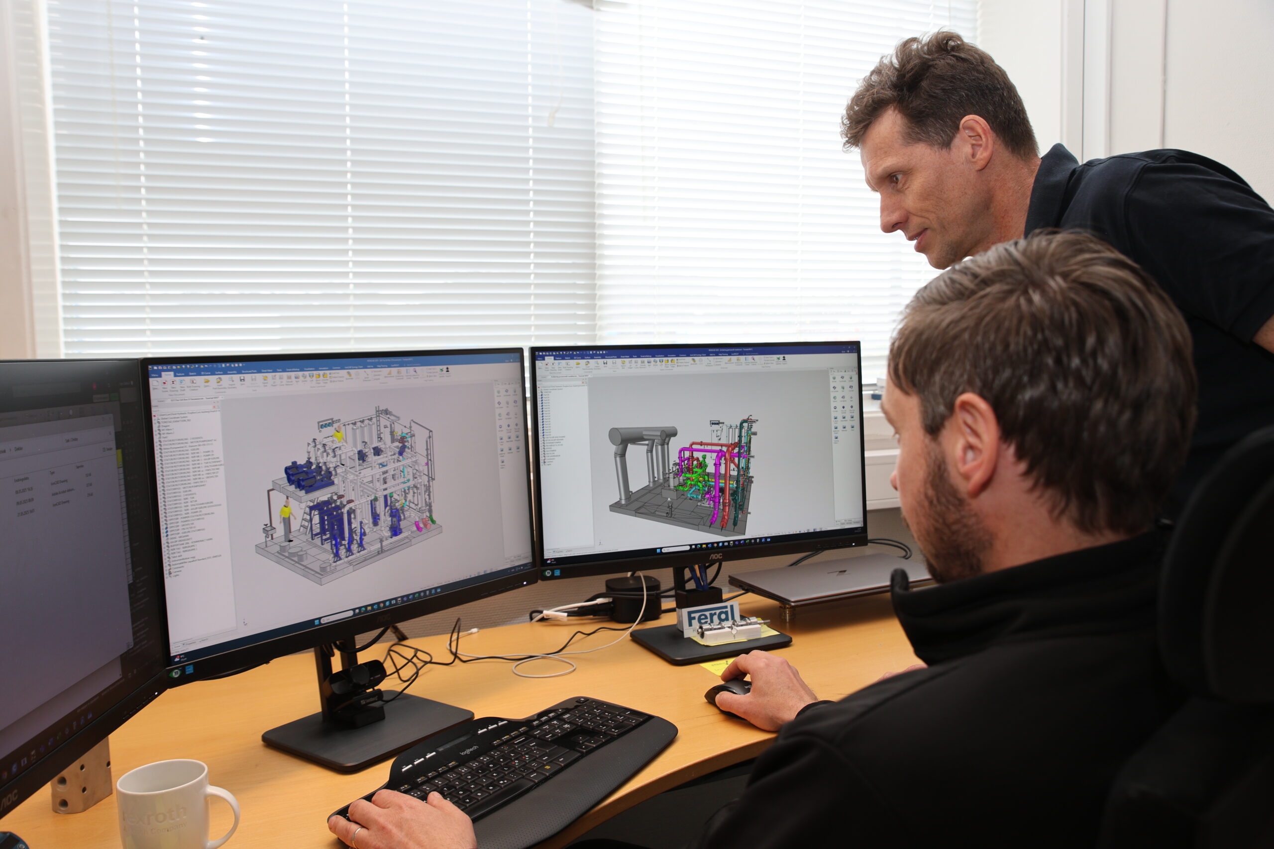 Feral Hydraulic lager 3D-modeller av alt det de skal produsere. Det resulterer i et underlag for produksjonen som sendes videre til verkstedet. Der blir delene prefabrikert ved sveising og kontroll, innen det blir sendt til anlegget for montering. Her 3D-modellerer de et helt rom til Tonstad kraftverk