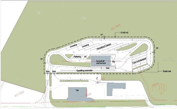 Slik ser man for seg at Statens vegvesen sine nye arealer kan bli. De vil legges nord for der de deler område med Tollvesenet i dag.