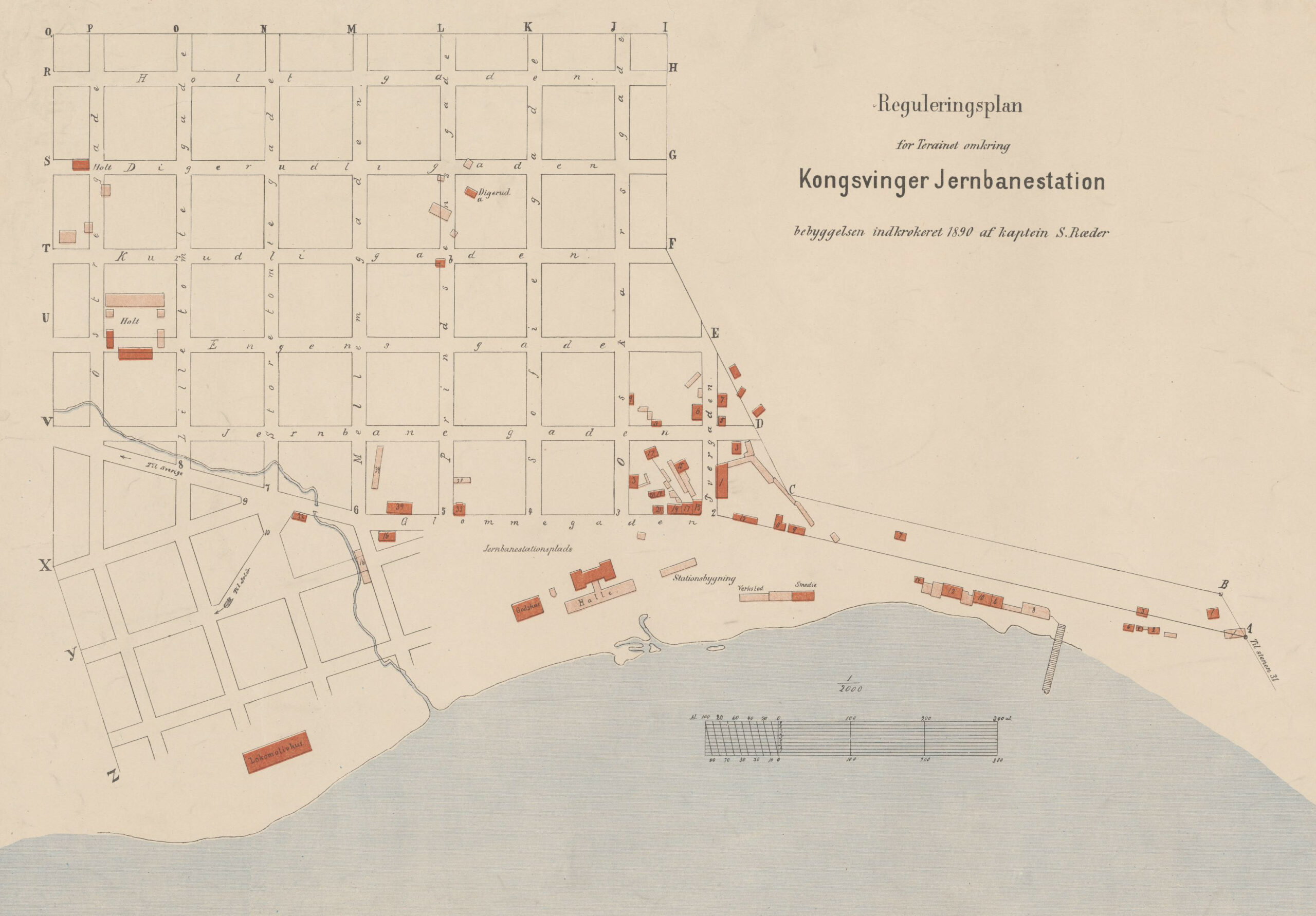 Reguleringsplan for stasjonssiden i 1890. Stasjonsbygningen og lokomotivstallen er tegnet inn. Ellers er det få hus. Gårdene Holt og Digerud er også markert.