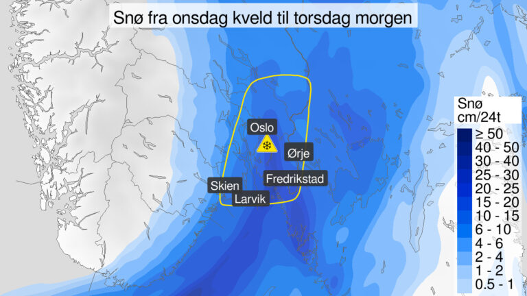 I dette området kan det komme mye snø fra onsdag kveld.