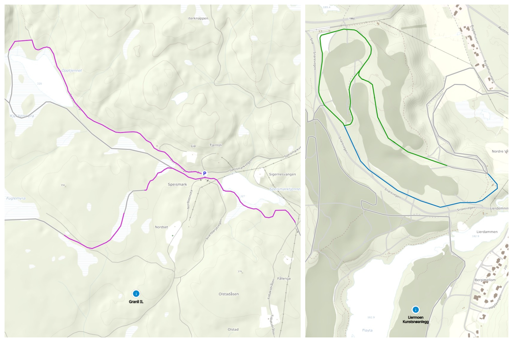 Kart over løypene som er kjørt opp fra Speismark (t.v.) og ved Liermoen. Bilde er hentet sent fredag kveld.