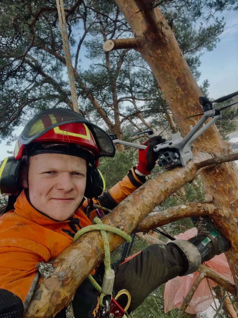 Johannes Sæthern i firmaet Lauritz Sæthern AS ble søndag tilkalt for å hjelpe brannvesenet med å få ned en drone fra en furugrein 25 meter over bakken.