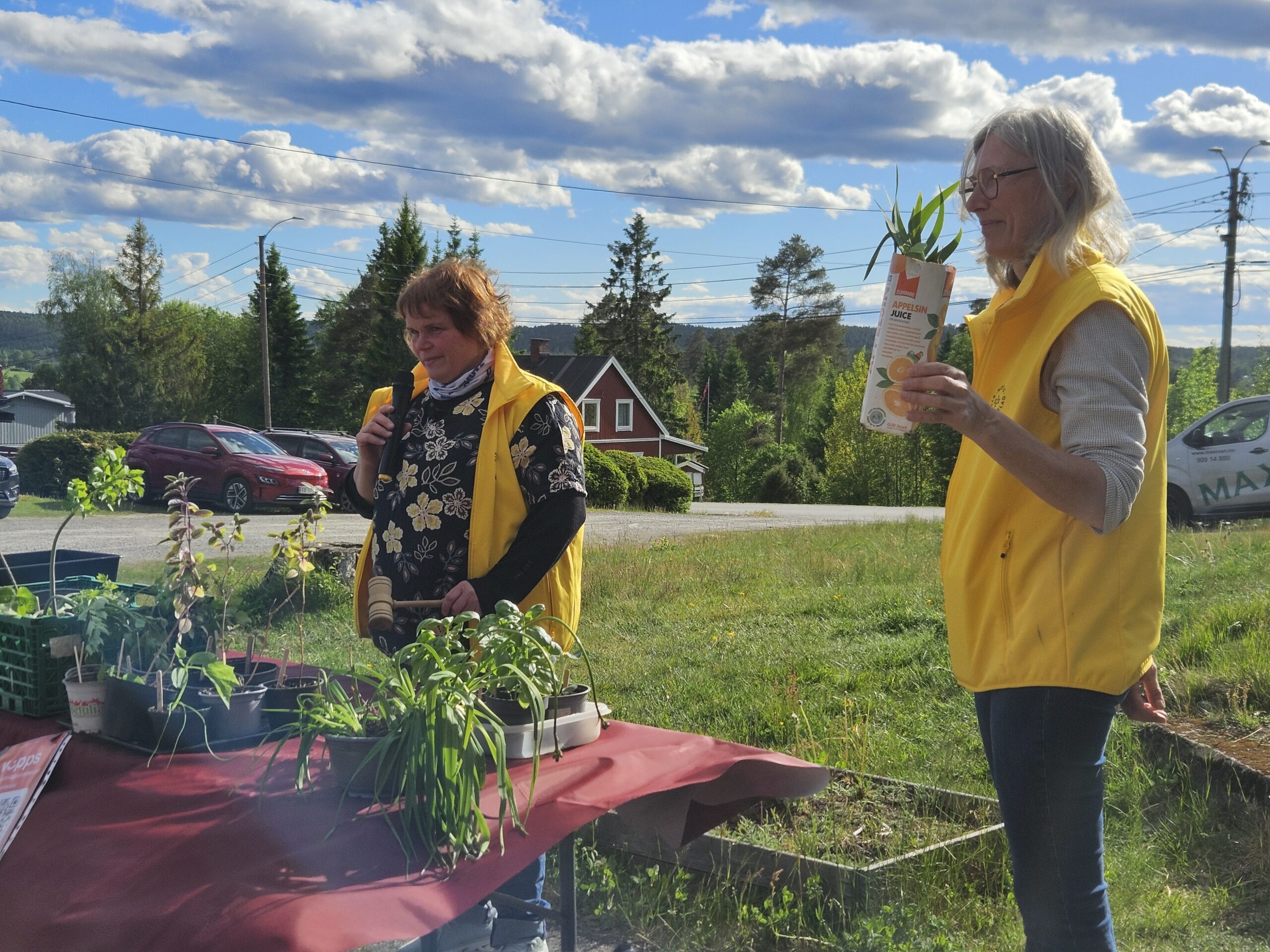 Ingegerd Pramm Platek i full sving med både hammer og mikrofon, mens Lena J. Kallander viser fram hva som auksjoneres bort.